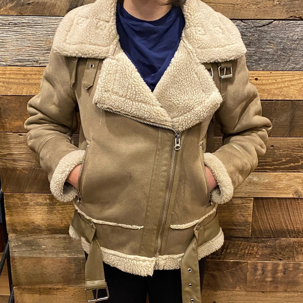 Zara Tan Shearling Aviator Jacket with Cream Lining